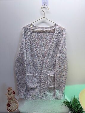 Cozy White Speckled Open-Front Cardigan Sweater Pink Blue Yellow 💝 19” PTP